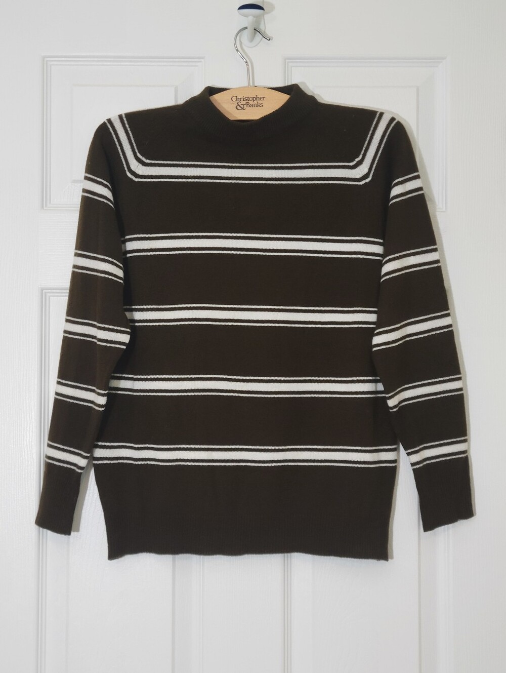 Vintage 60s/70s Brown & White Striped Mock Neck Sweater Top Size 40 Medium